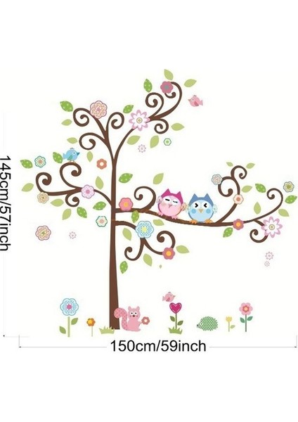 Kt Decoration Ağaç Baykuşlar Çiçekler Renkli Bebek ve Çocuk Odası Pvc Duvar Sticker