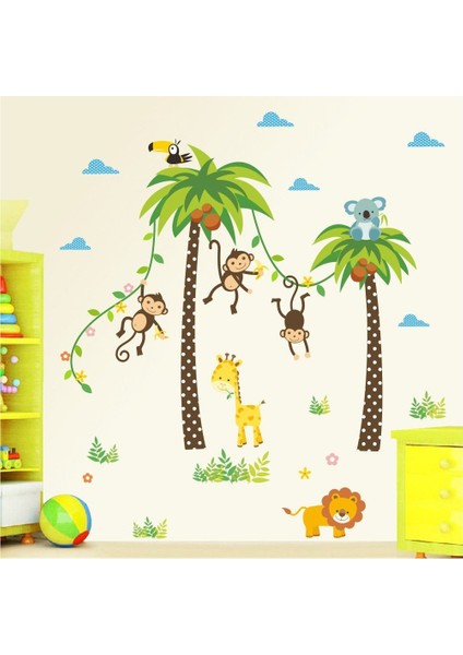 Kt Decoration Palmiyeler ve Sevimli Hayvanlar Bebek ve Çocuk Odası Pvc Duvar Sticker