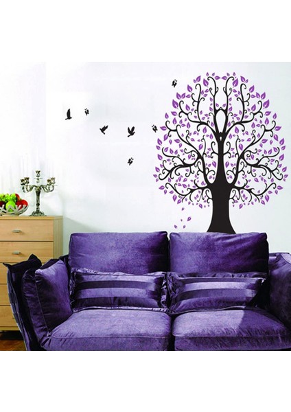 Kt Decoration Ev Dekorasyonu Mor Çiçekli Ağaç Kendinden Yapışkanlı Pvc Duvar Dekoru Sticker Görsel