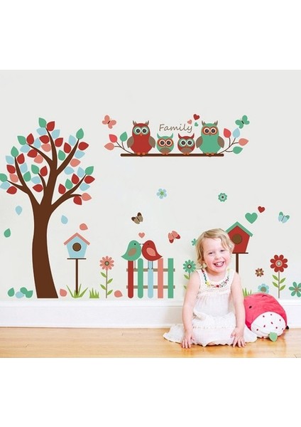 Kt Decoration Renkli Ağaç ve Baykuşlar Bebek ve Çocuk Odası Pvc Duvar Sticker