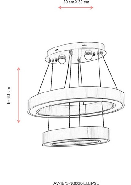 AV-1573-N60X30-ELLIPSE Nikel Kaplama Modern Avize LED Metal Pleksi 60x30cm