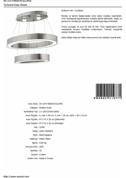 AV-1573-N60X30-ELLIPSE Nikel Kaplama Modern Avize LED Metal Pleksi 60x30cm