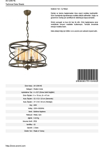 AV-1590-4E Eskitme Kaplama Modern Avize E27 Metal Cam 47cm