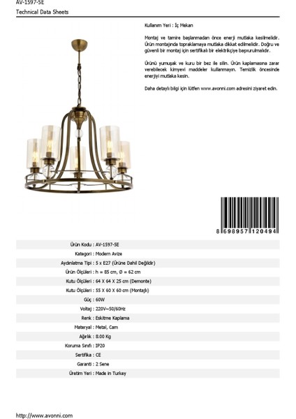 AV-1597-5E Eskitme Kaplama Modern Avize E27 Metal Cam 62cm