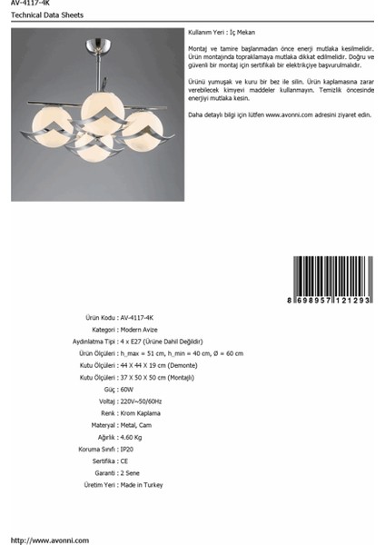 AV-4117-4K Krom Kaplama Modern Avize E27 Metal Cam 60cm