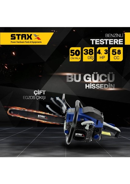 Staxx Power Techno 4.3 Hp 50 cm Pala Tam Professional Çift Egzoz Ağaç Motoru Motorlu Testere Hızar 58 cc