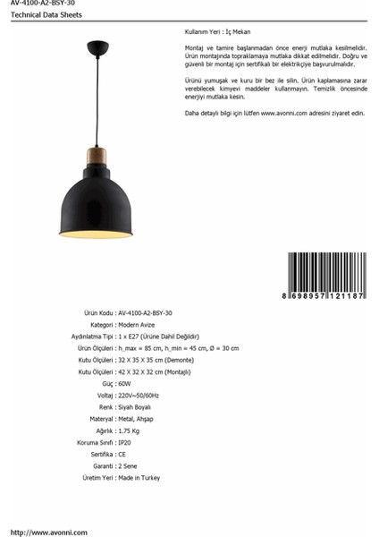 AV-4100-A2-BSY-30 Siyah Boyalı Modern Avize E27 Metal Ahşap 30cm