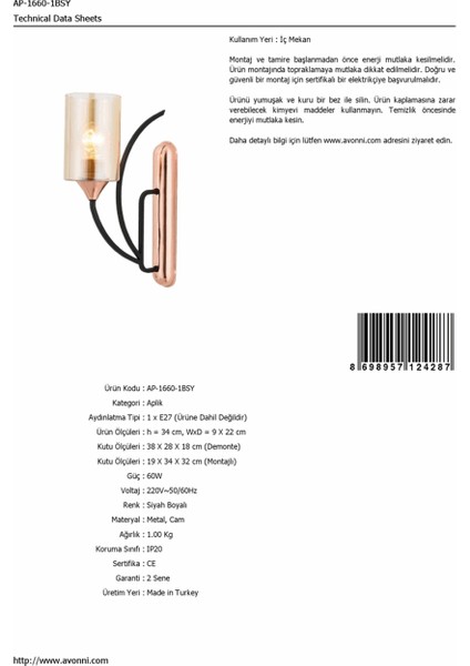 AP-1660-1BSY Siyah Boyalı Aplik E27 Metal Cam 9x22cm