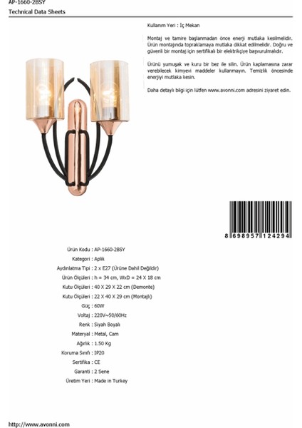 AP-1660-2BSY Siyah Boyalı Aplik E27 Metal Cam 24x18cm