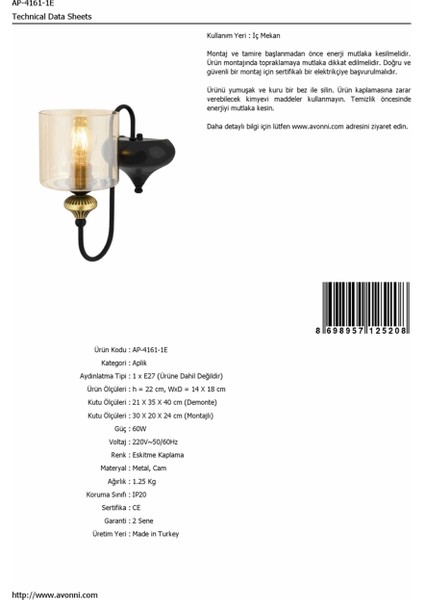 AP-4161-1E Eskitme Kaplama Aplik E27 Metal Cam 14x18cm