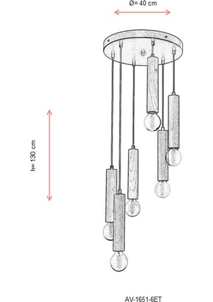 AV-1651-6ET Eskitme Kaplama Modern Avize E27 Ahşap 40cm