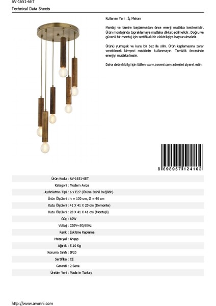 AV-1651-6ET Eskitme Kaplama Modern Avize E27 Ahşap 40cm