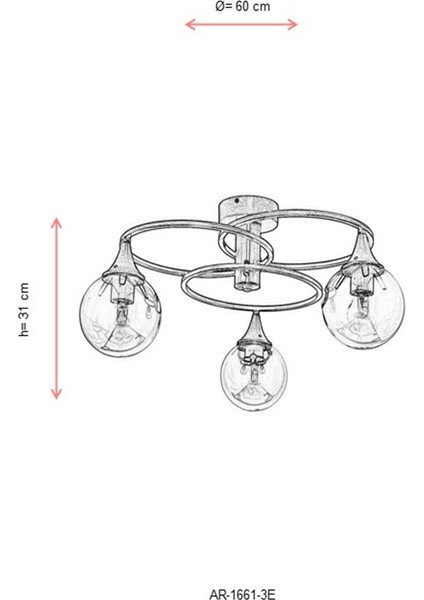 AR-1661-3E Eskitme Kaplama Modern Avize E27 Metal Cam 60cm