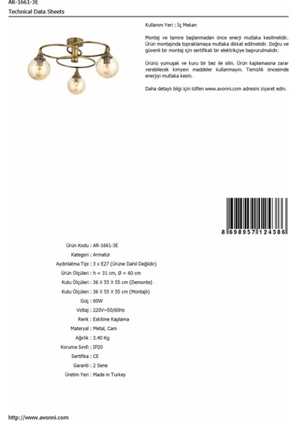 AR-1661-3E Eskitme Kaplama Modern Avize E27 Metal Cam 60cm