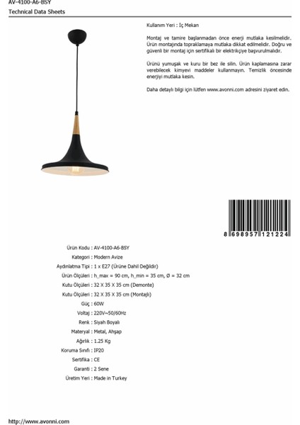 AV-4100-A6-BSY Siyah Boyalı Modern Avize E27 Metal Ahşap 32cm