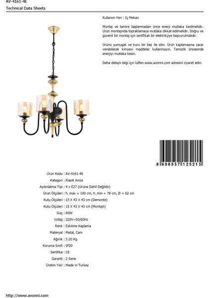 AV-4161-4E Eskitme Kaplama Modern Avize E27 Metal Cam 62cm