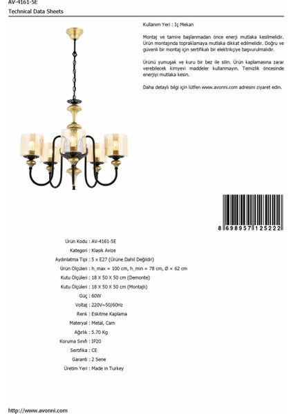 AV-4161-5E Eskitme Kaplama Modern Avize E27 Metal Cam 62cm