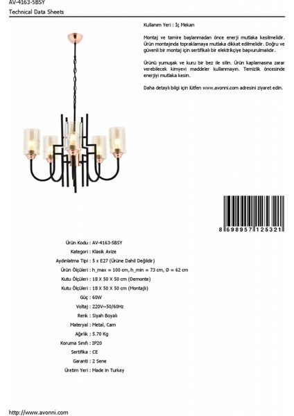 AV-4163-5BSY Siyah Boyalı Modern Avize E27 Metal Cam 62cm