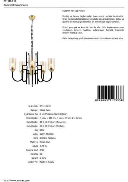 AV-4163-5E Eskitme Kaplama Modern Avize E27 Metal Cam 62cm