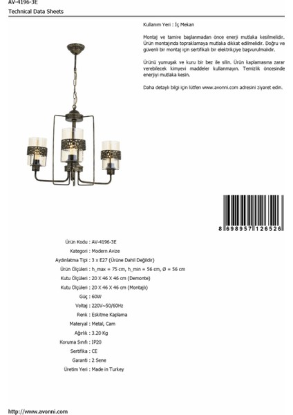 AV-4196-3E Eskitme Kaplama Modern Avize E27 Metal Cam 56cm