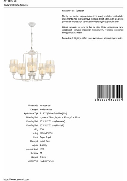 AV-4196-5B Beyaz Boyalı Modern Avize E27 Metal Cam 56cm
