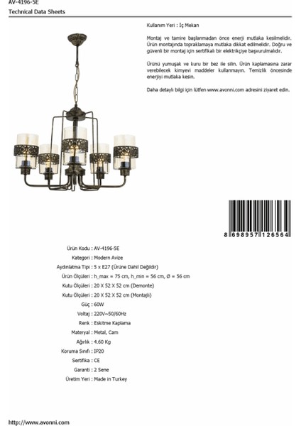 AV-4196-5E Eskitme Kaplama Modern Avize E27 Metal Cam 56cm
