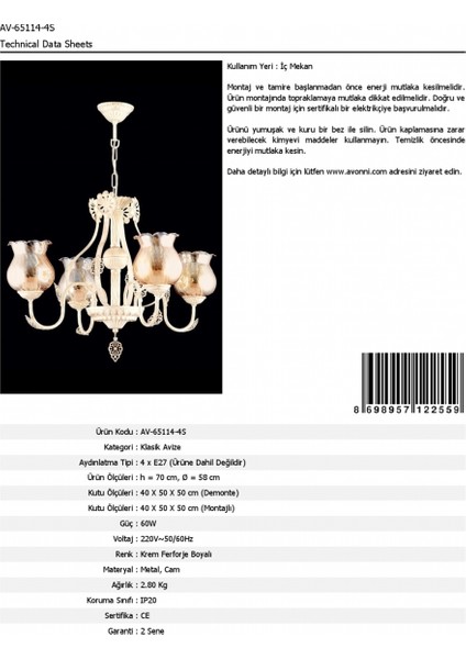 AV-65114-4S Krem Ferforje Boyalı Klasik Avize E27 Metal Cam 58cm fırsatları