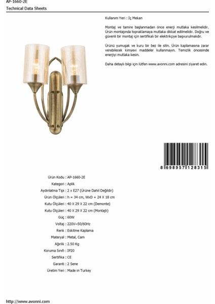 AP-1660-2E Eskitme Kaplama Aplik E27 Metal Cam 24x18cm