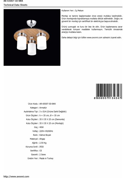 AR-65007-3D-BKK Kahverengi Boyalı Modern Avize E14 Ahşap 35cm