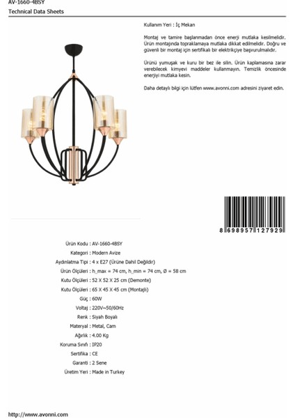 AV-1660-4BSY Siyah Boyalı Modern Avize E27 Metal Cam 58cm