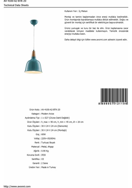 AV-4100-A2-BTK-20 Turkuaz Boyalı Modern Avize E27 Metal Ahşap 20cm
