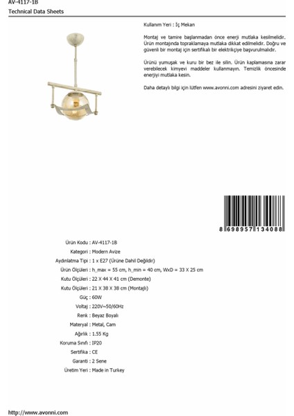 AV-4117-1B Beyaz Boyalı Modern Avize E27 Metal Cam 33x25cm