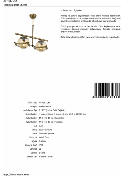 AV-4117-2EY Eskitme Kaplama Modern Avize E27 Metal Cam 50x25cm