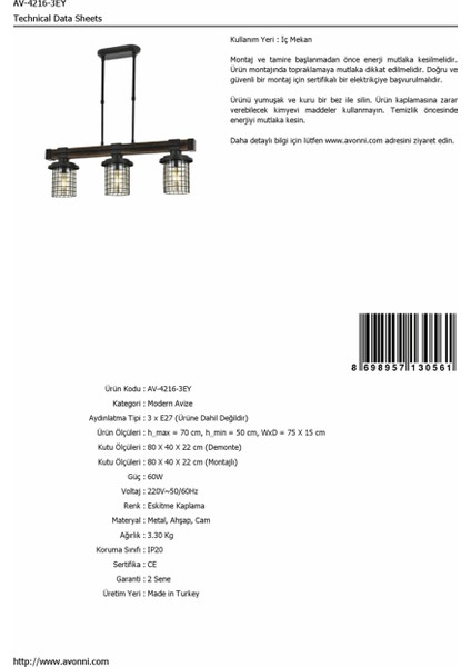 AV-60002-3EY Eskitme Kaplama Modern Avize E27 Metal Ahşap Cam 75x15cm