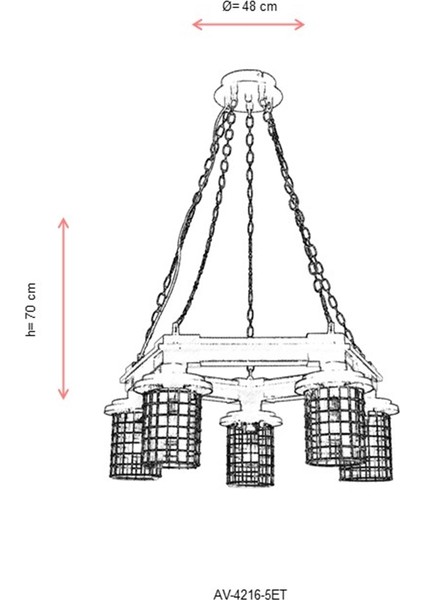 AV-60002-5ET Eskitme Kaplama Modern Avize E27 Metal Ahşap Cam 50cm