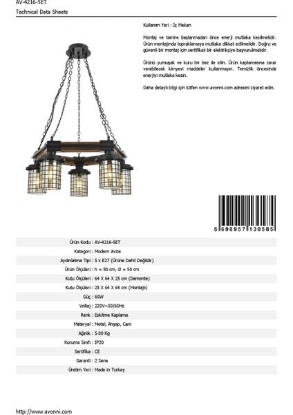 AV-60002-5ET Eskitme Kaplama Modern Avize E27 Metal Ahşap Cam 50cm