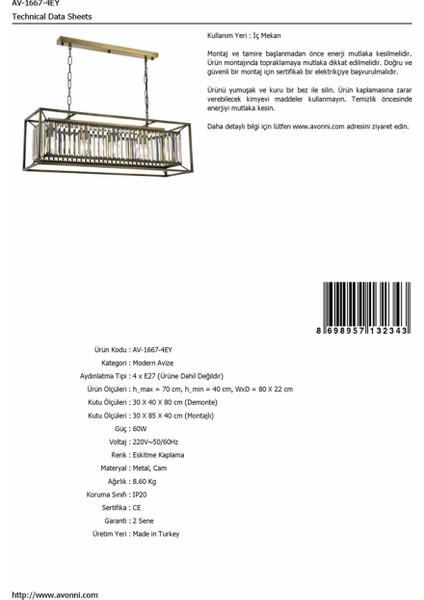 AVONNI AV-60029-4EY Eskitme Kaplama Modern Avize E27 Metal Kristal 80x22cm