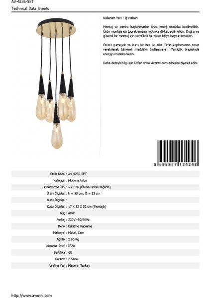 AV-60059-5ET Eskitme Kaplama Modern Avize E14 Metal Cam 33cm