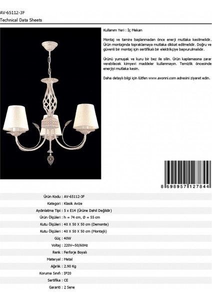 AV-65112-3F Ferforje Boyalı Klasik Avize E14 Metal 55cm fırsatları