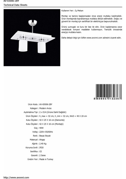 AV-65006-2BY Beyaz Boyalı Modern Avize E14 Ahşap 40x20cm