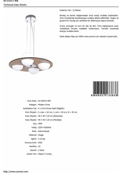 AV-65013-4KK Kahverengi Boyalı Modern Avize E14 Ahşap 45cm