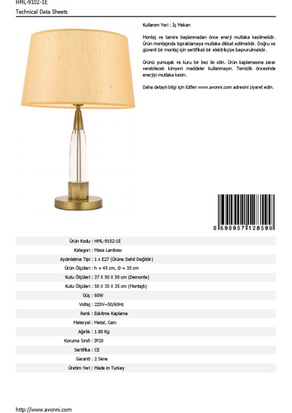 HML-9102-1E Eskitme Kaplama Masa Lambası E27 Metal Cam 35cm indirimleri