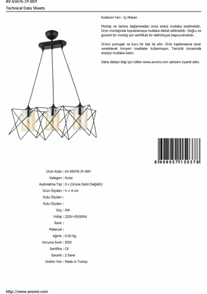 AV-65076-3Y-BSY Siyah Boyalı Modern Avize E27 Metal Cam 60x20cm