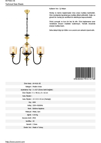 AV-4161-3E Eskitme Kaplama Modern Avize E27 Metal Cam 62cm