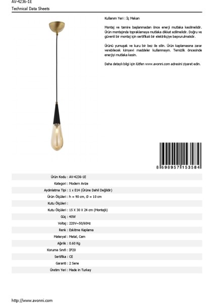 AV-60059-1E Eskitme Kaplama Modern Avize E14 Metal Cam 10cm fırsatları