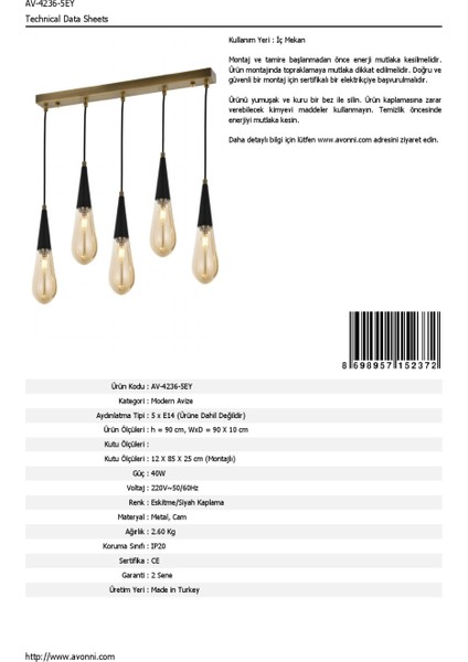 AV-60059-5EY Eskitme Kaplama Modern Avize E14 Metal Cam 90x10cm fırsatları