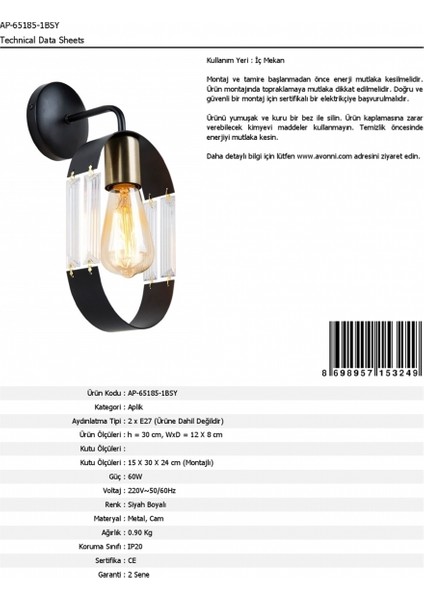 AP-65185-1BSY Siyah Boyalı Aplik E27 Metal Cam 12x8cm