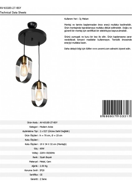 AV-65185-2T-BSY Siyah Boyalı Modern Avize E27 Metal Cam 25cm indirimleri