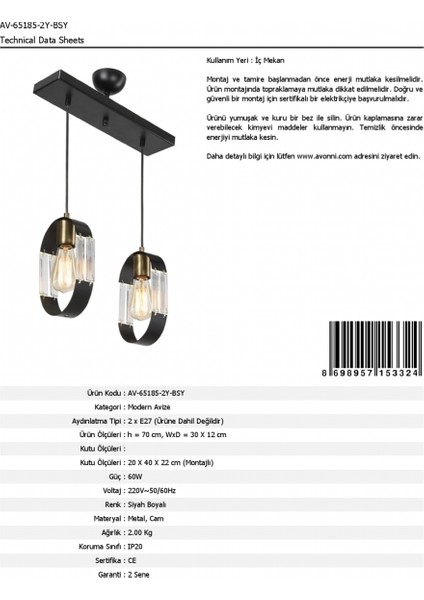 AV-65185-2Y-BSY Siyah Boyalı Modern Avize E27 Metal Cam 30x12cm indirimleri
