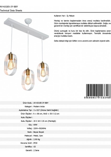 AV-65185-3Y-BBY Beyaz Boyalı Modern Avize E27 Metal Cam 50x12cm